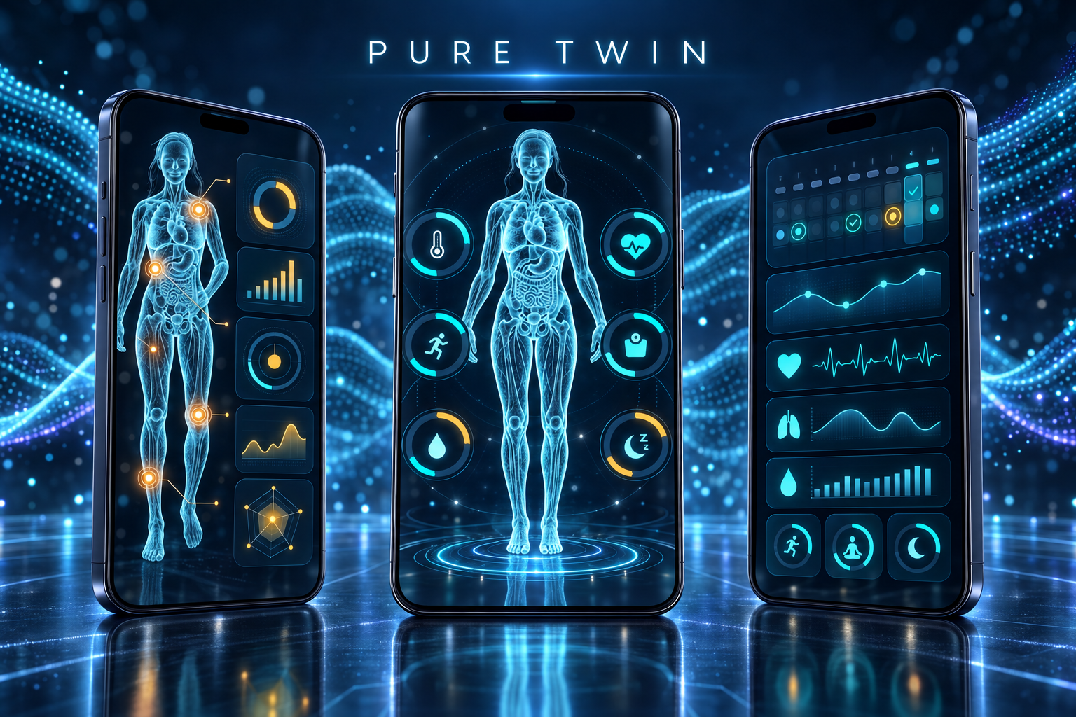 Pure Twin의 인체 디지털 트윈과 건강 데이터 인터페이스를 담은 모바일 디바이스 목업